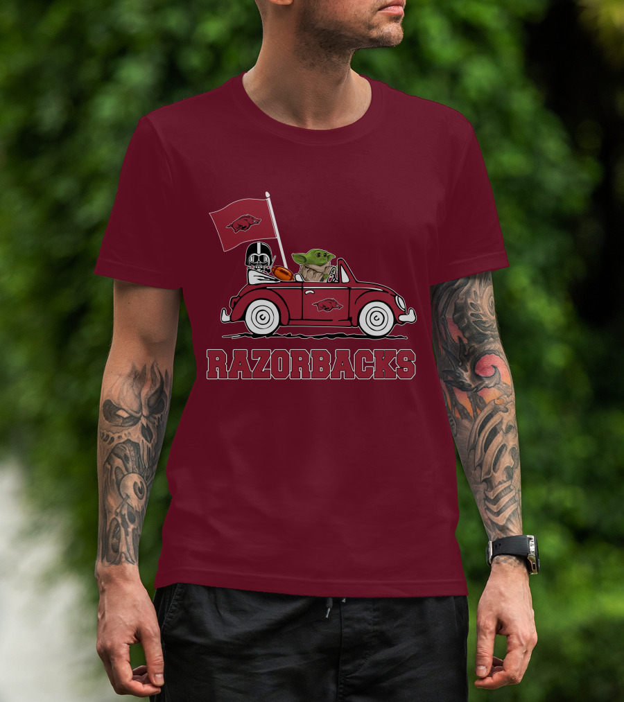 Arkansas Razorbacks Darth Vader Baby Yoda Driving Star Wars Car T-Shirt