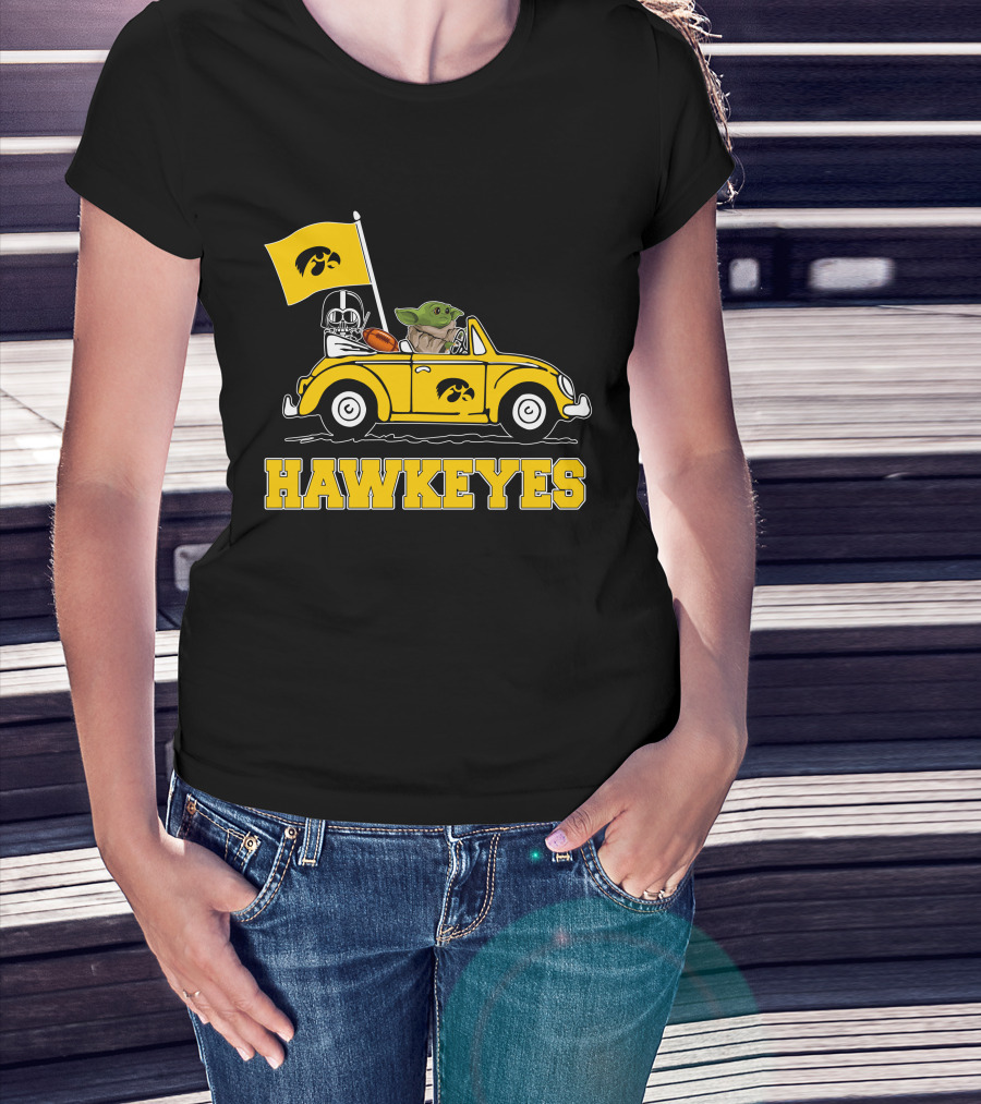 Iowa Hawkeyes Darth Vader Baby Yoda Driving Yellow Car Star Wars T-Shirt
