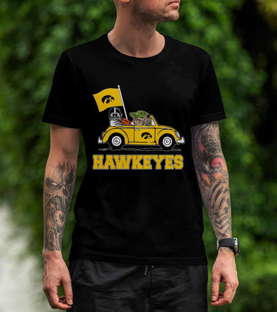 Iowa Hawkeyes Darth Vader Baby Yoda Driving Yellow Car Star Wars T-Shirt