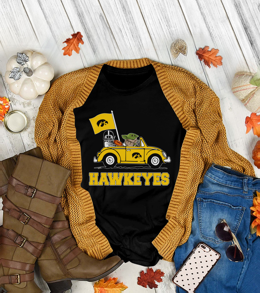 Iowa Hawkeyes Darth Vader Baby Yoda Driving Yellow Car Star Wars T-Shirt