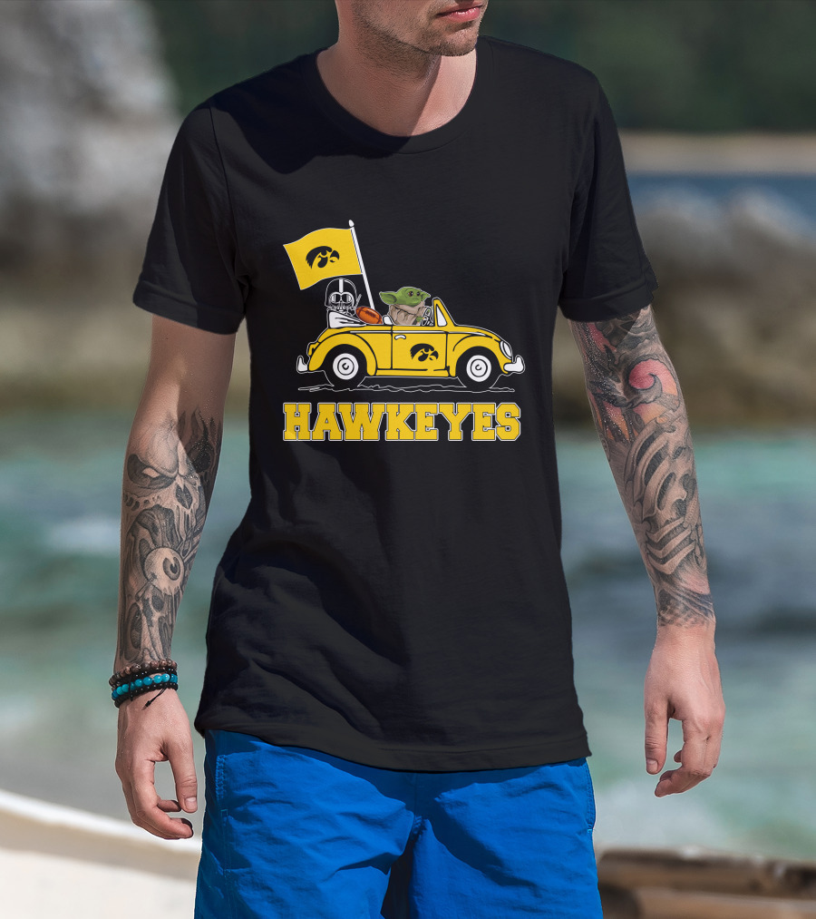 Iowa Hawkeyes Darth Vader Baby Yoda Driving Yellow Car Star Wars T-Shirt