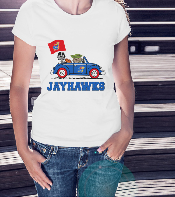 Kansas Jayhawks Darth Vader Baby Yoda Driving With Flag Star Wars Football T-Shirt