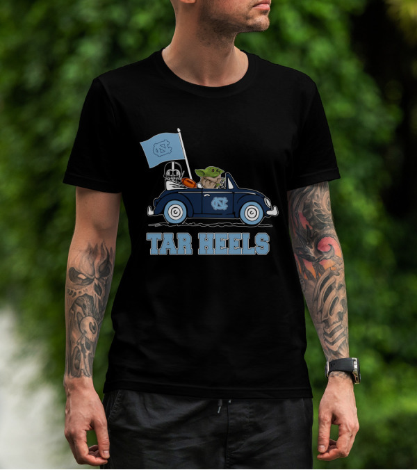 North Carolina Tar Heels Darth Vader Baby Yoda Driving Car Star Wars T-Shirt