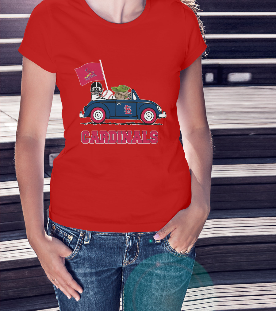 St Louis Cardinals Darth Vader Baby Yoda Driving Car Star Wars Baseball T-Shirt