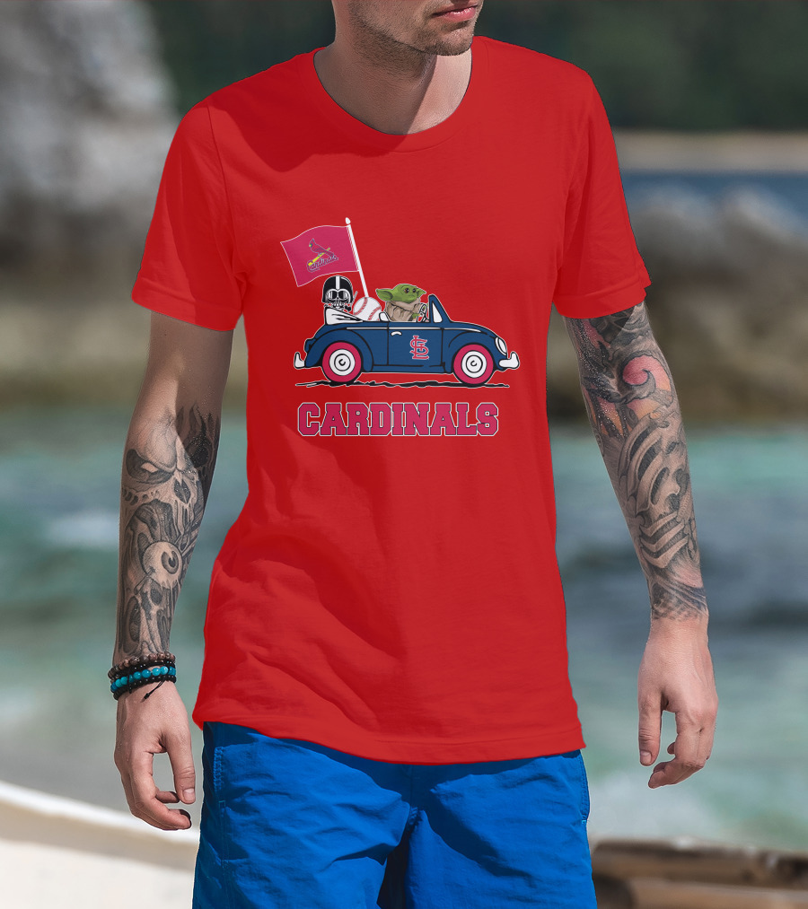 St Louis Cardinals Darth Vader Baby Yoda Driving Car Star Wars Baseball T-Shirt