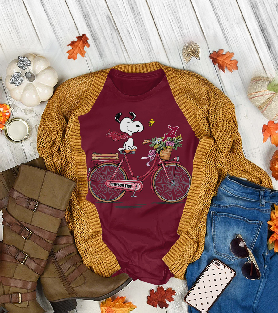Alabama Crimson Tide Snoopy on Bicycle with Flowers and Woodstock T-Shirt
