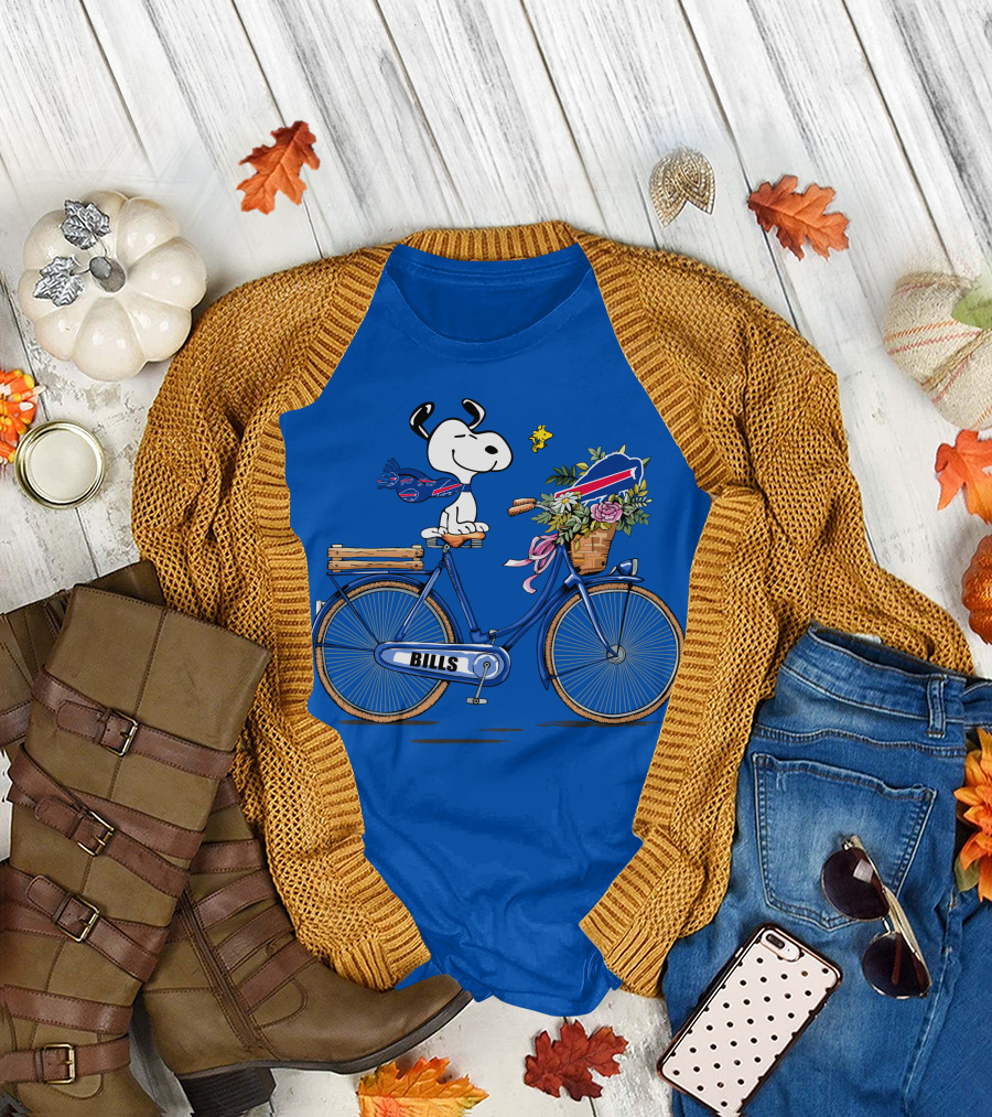 Buffalo Bills Snoopy Bicycle with Woodstock and Football Elements T-Shirt