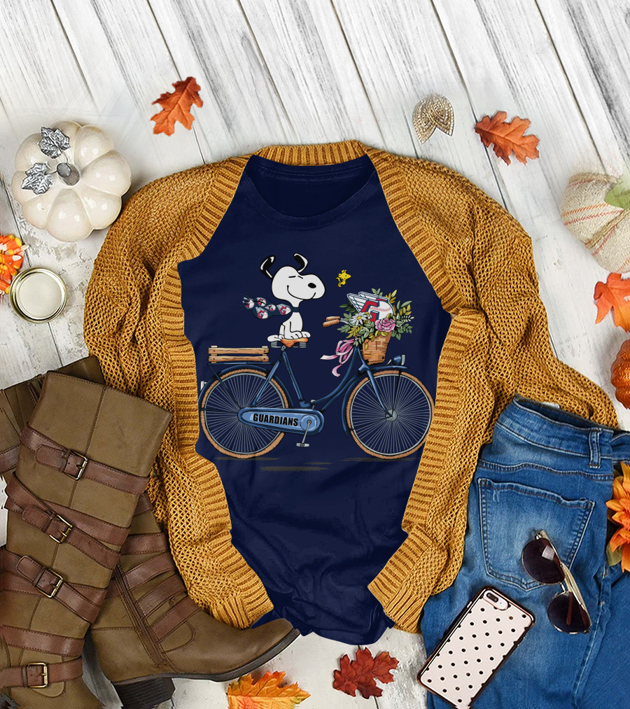 Cleveland Guardians Snoopy Riding Bicycle with Flowers and Baseball Bow Tie T-Shirt