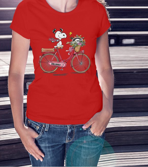 Georgia Bulldogs Snoopy Riding Bike With Flowers T-Shirt