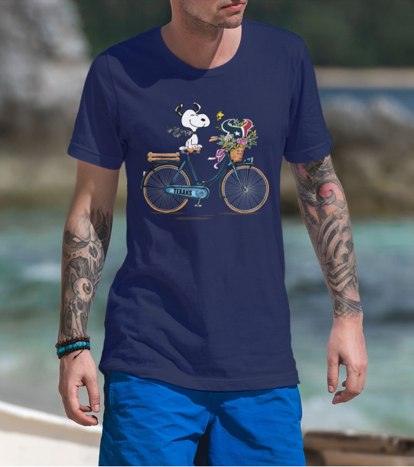 Texans Snoopy Bike Ride With Houston Logo And Flowers T-Shirt
