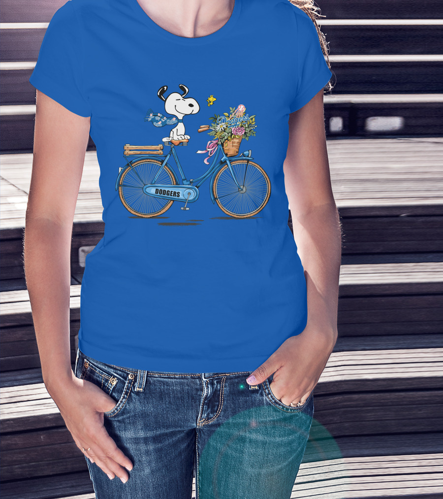 Los Angeles Dodgers Snoopy Riding Bicycle With Woodstock And Flowers T-Shirt