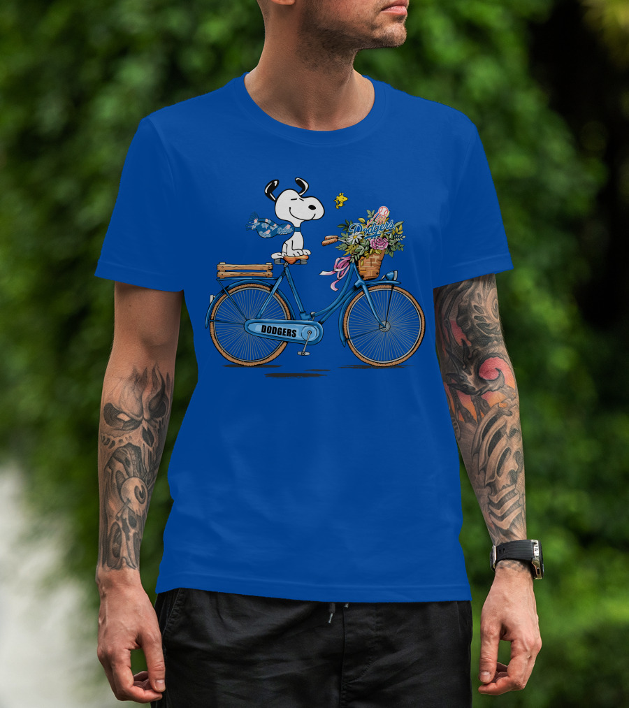 Los Angeles Dodgers Snoopy Riding Bicycle With Woodstock And Flowers T-Shirt