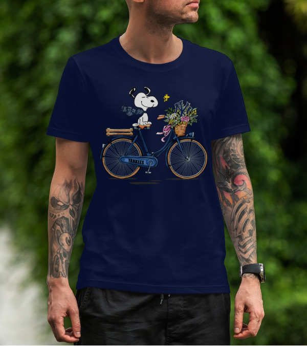 New York Yankees Snoopy On Bicycle With Woodstock And Flowers T-Shirt