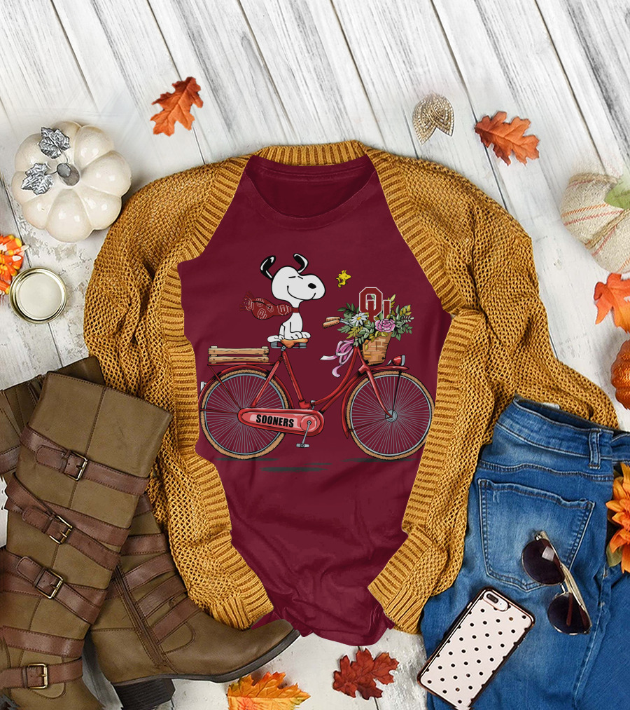 Oklahoma Sooners Snoopy Bicycle Flowers Woodstock T-Shirt