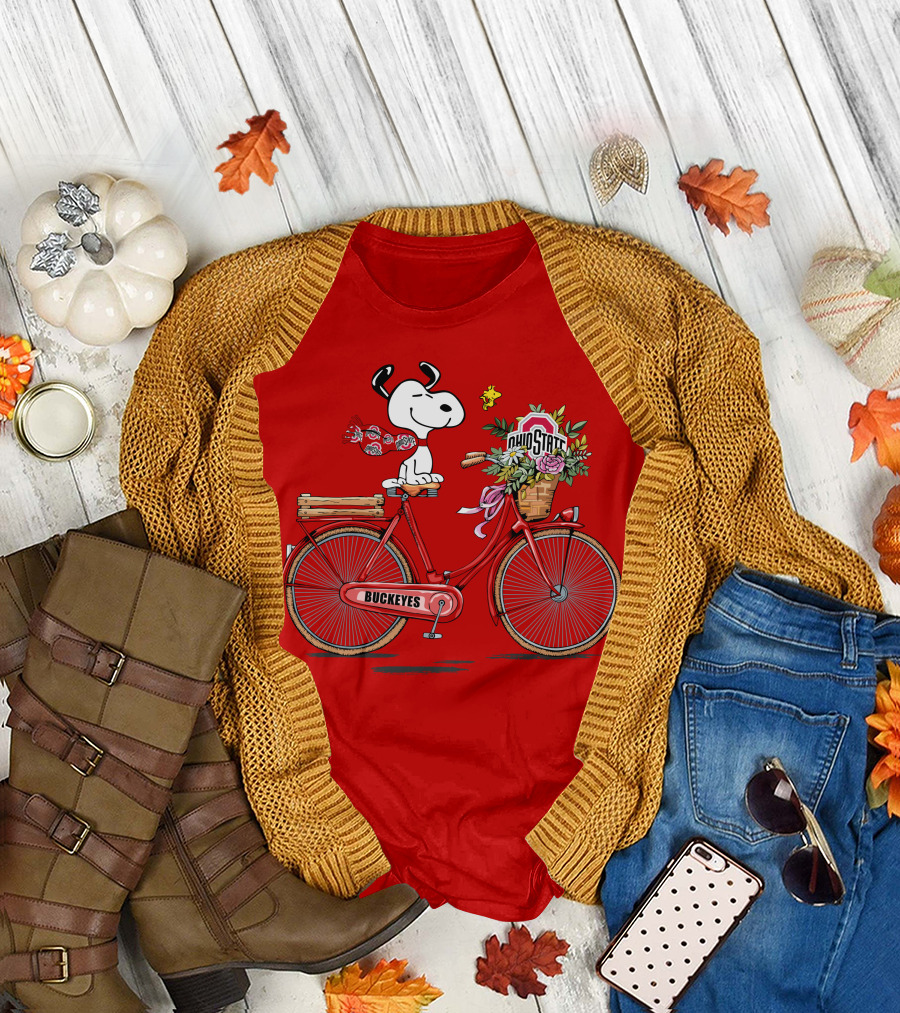 Ohio State Buckeyes Snoopy on Bicycle with Woodstock and Flowers T-Shirt