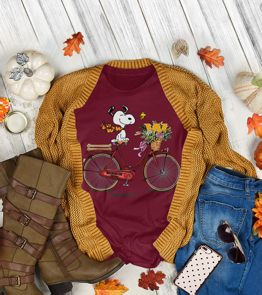 Washington Football Team Snoopy with Bicycle and Flowers T-Shirt