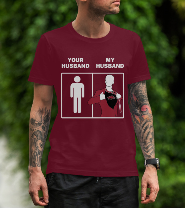 Arkansas Razorbacks Your Husband My Husband Superhero Fan Comparison T-Shirt