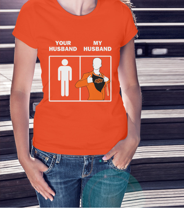 Oklahoma State Cowboys Your Husband My Husband OSU Logo Superhero Orange Suit T-Shirt