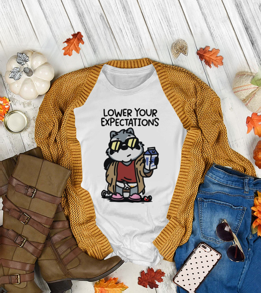 Lower Your Expectations Cartoon Character with Sunglasses and Milk Carton T-Shirt