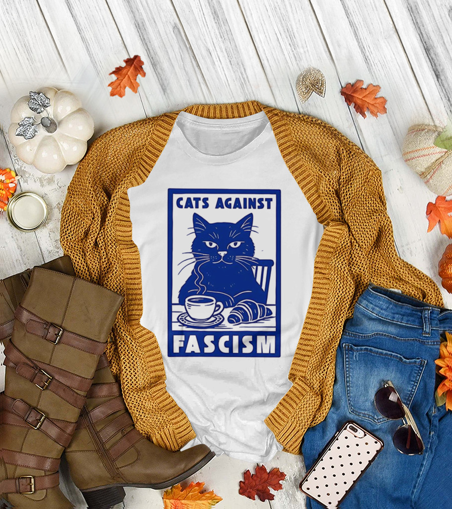Cats Against Fascism Coffee and Croissant T-Shirt
