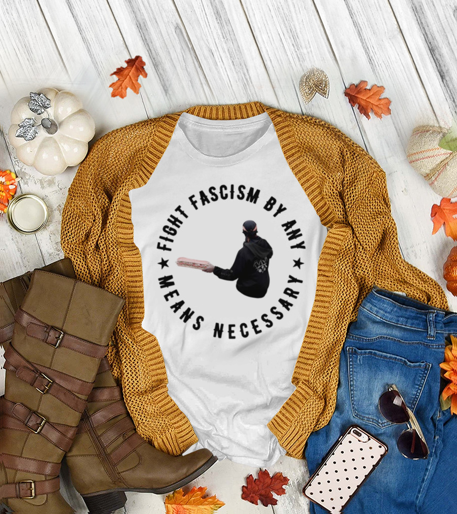 Fight Fascism By Any Means Necessary Red Bat Masked Figure T-Shirt