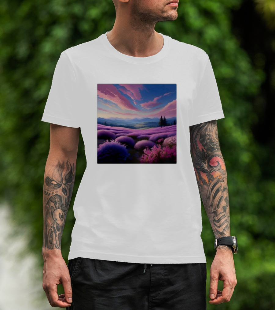 Her Radiant Bloom Lavender Sunset Landscape With Pink And Purple Sky T-Shirt