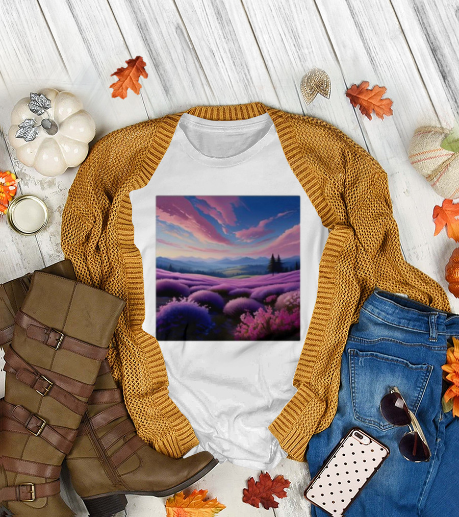 Her Radiant Bloom Lavender Sunset Landscape With Pink And Purple Sky T-Shirt