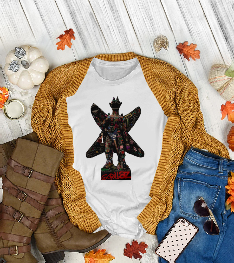 Gorillaz Iconic Pazuzu Figure with Music and Cultural Symbols T-Shirt