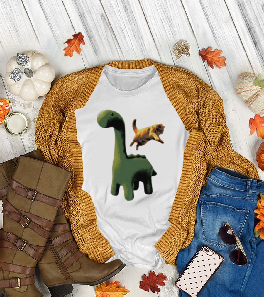 Abram Engle Kurt Dino Green Dinosaur with Leaping Orange Cat T-Shirt