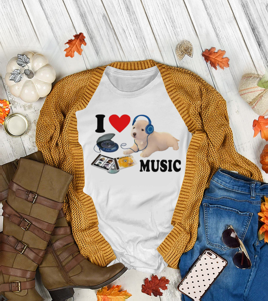 I Love Music Dog Headphones CD Player Album Puppy T-Shirt