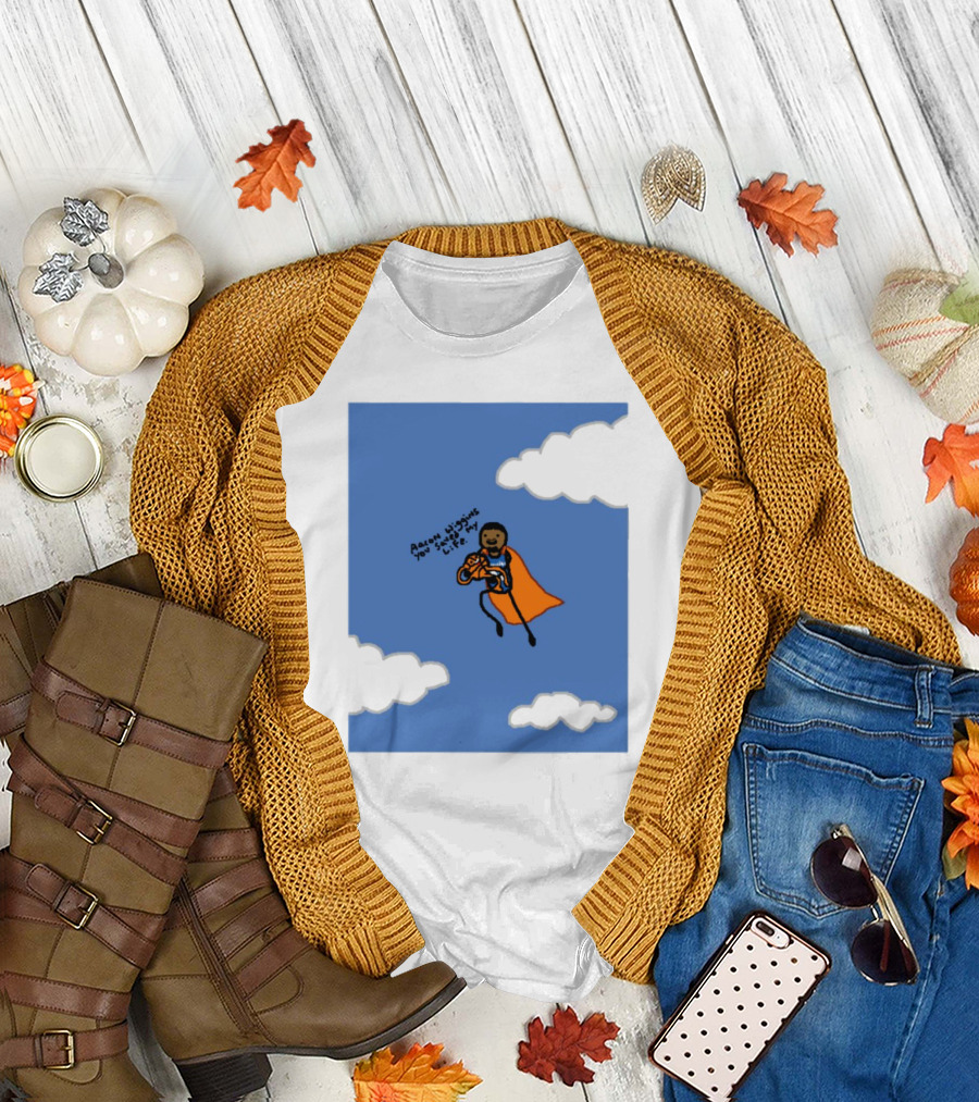 Aaron Wiggins You Saved My Life Superhero Drawing Floating in Clouds T-Shirt