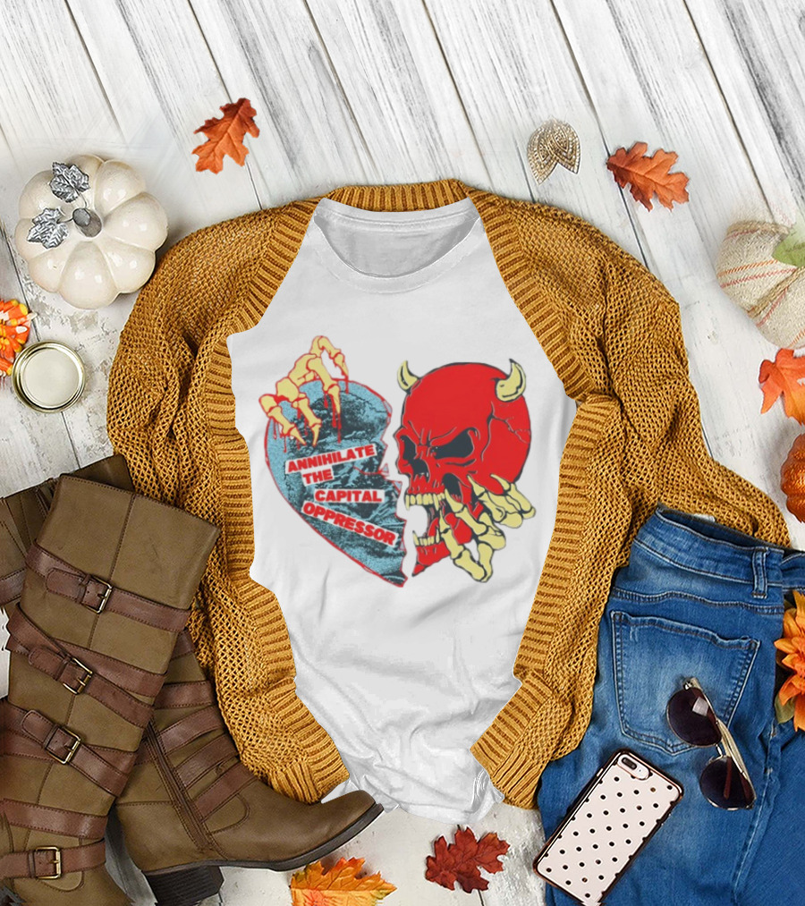 Annihilate The Capital Oppressor Red Skull and Skeleton Heart Design T-Shirt