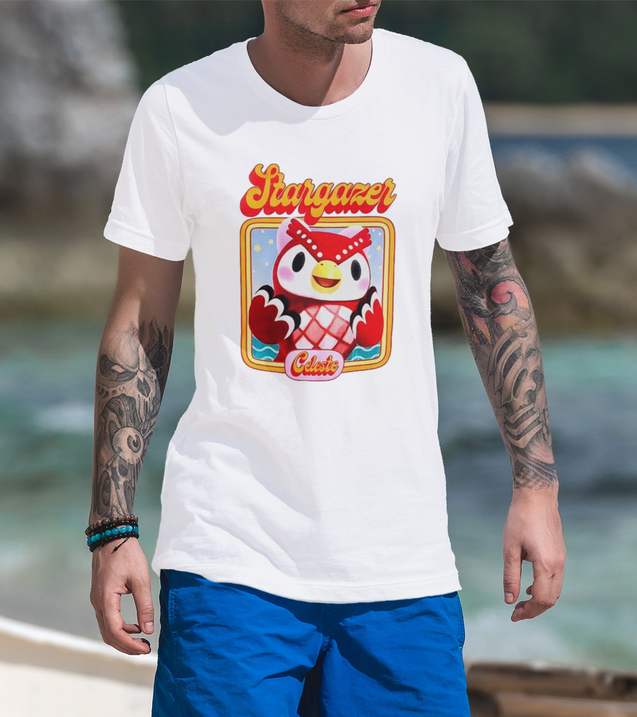 Stargazer Celeste Owl Character With Stars And Ocean Scene T-Shirt