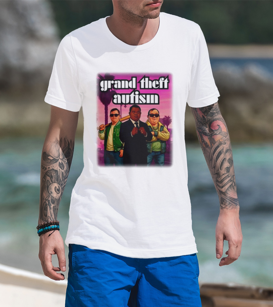 Grand Theft Autism Characters In Iconic Urban Setting T-Shirt