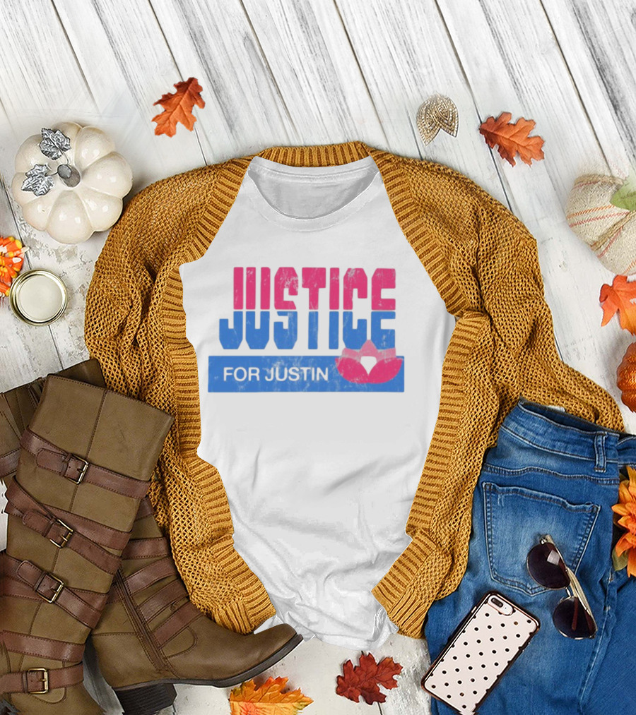 Justice for Justin LGBTQ Pride Pink and Blue Bold Text with Heart Symbol T-Shirt