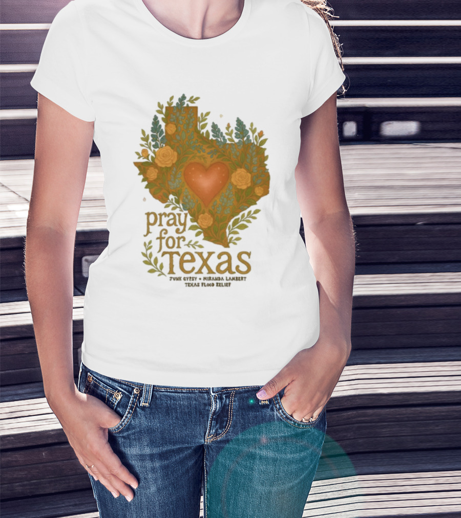 Pray For Texas Flood Relief Heart And Floral Pattern T-Shirt