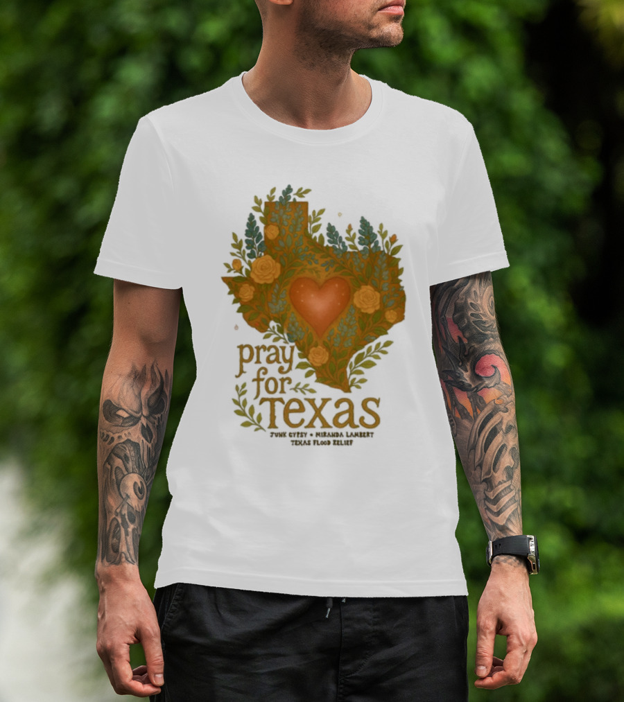 Pray For Texas Flood Relief Heart And Floral Pattern T-Shirt