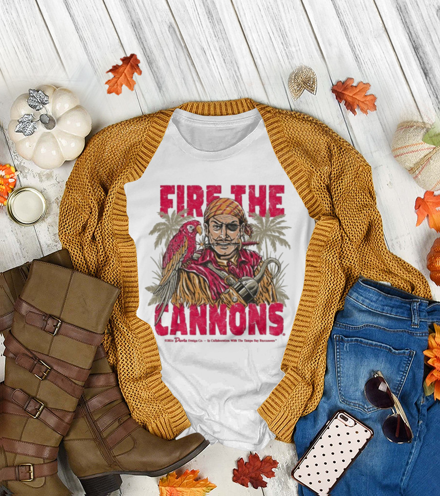 Fire The Cannons Buccaneers Pirate Parrot Palm Trees T-Shirt