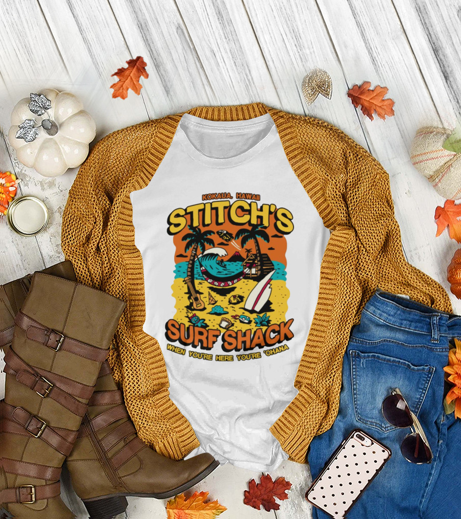 Kokaua Hawaii Stitch's Surf Shack When You're Here You're 'Ohana T-Shirt