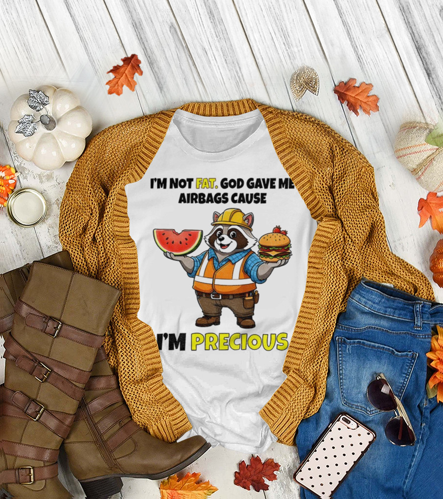 Raccoon in Safety Gear Holding Watermelon and Burger I'm Not Fat Precious T-Shirt