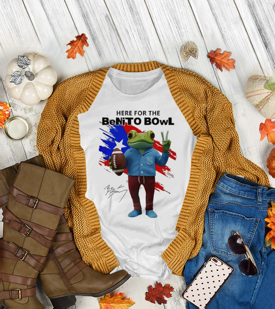 Bad Bunny Here for the Benito Bowl Super Bowl Frogs Puerto Rico Flag Football Peace Sign Signature T-Shirt
