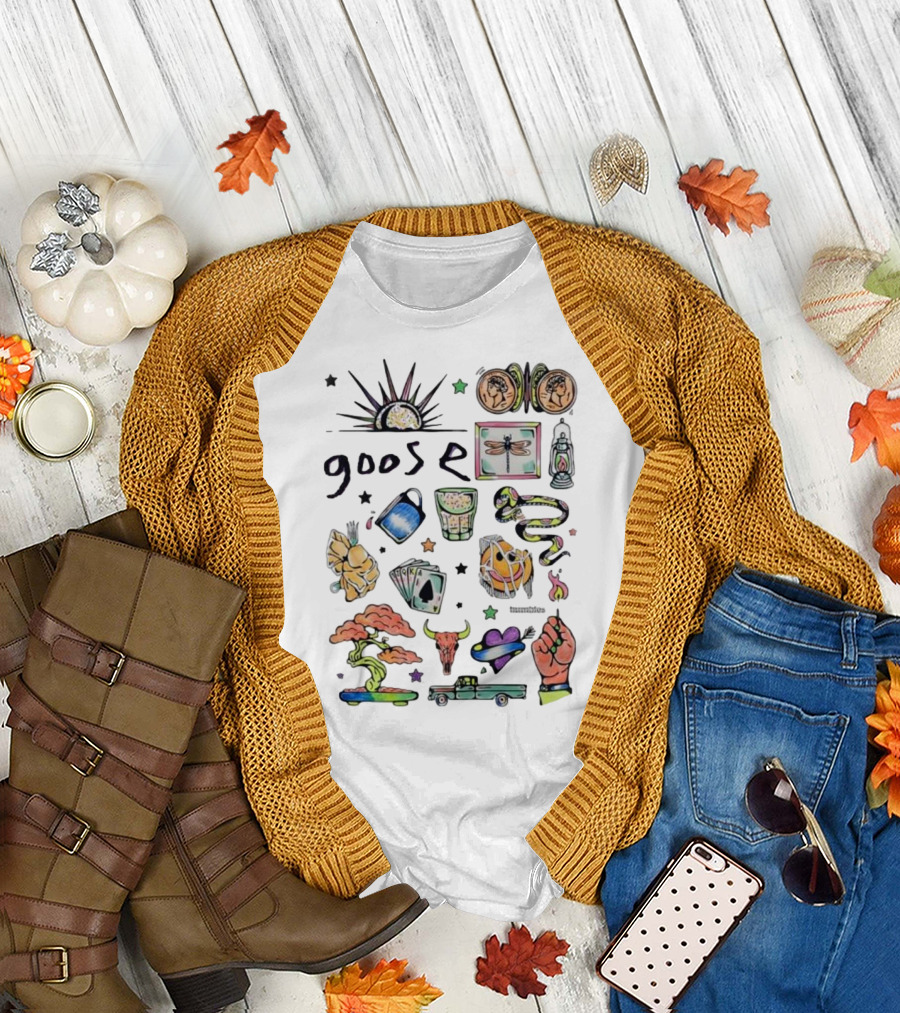 Goose Psychedelic Sunrise and Nature Symbols with Playing Cards Art T-Shirt