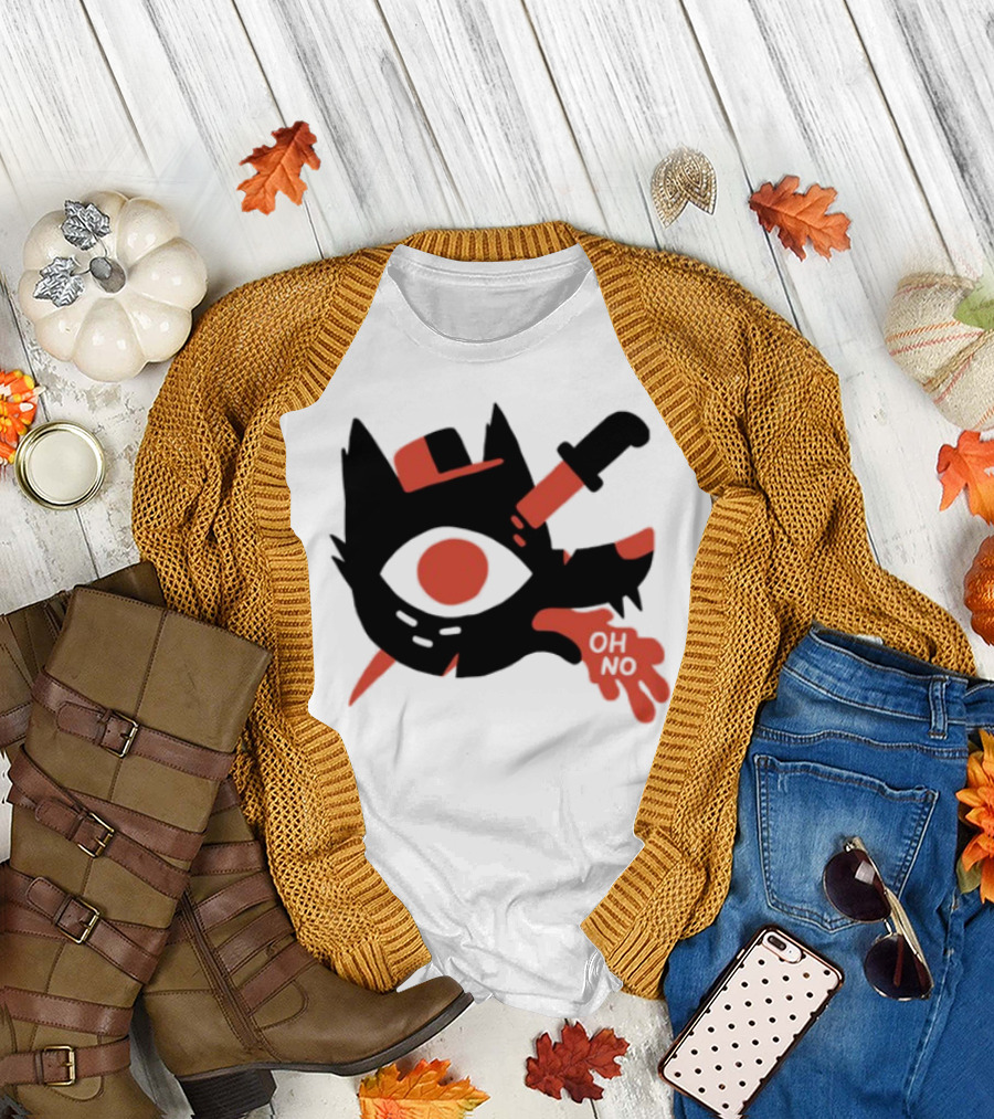 Oh No Dog Red Cartoon Face with Knife and Bone Graphic T-Shirt