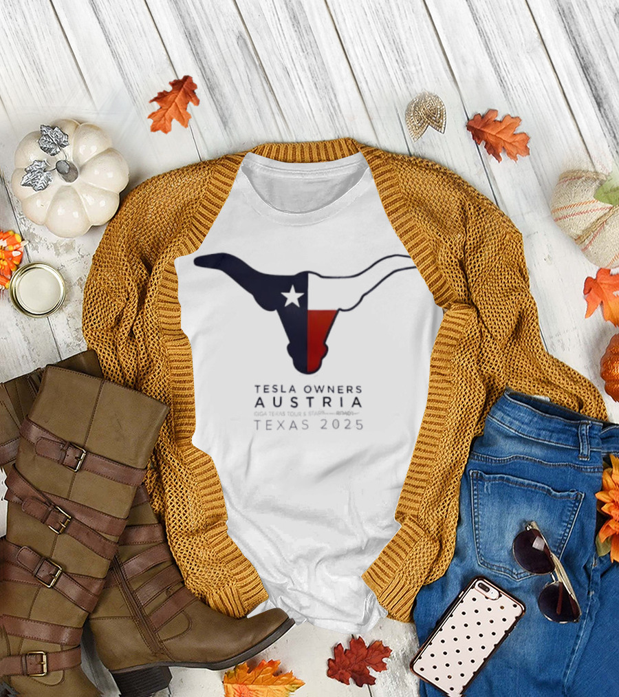 Tesla Owners Austria Texas 2025 Tour Longhorn Star Outline Logo T-Shirt