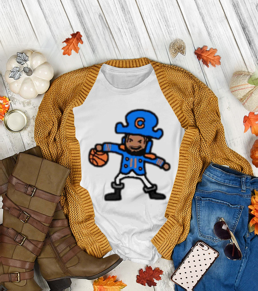 Captain Clutch Basketball Cartoon Character Blue Hat and Jacket T-Shirt