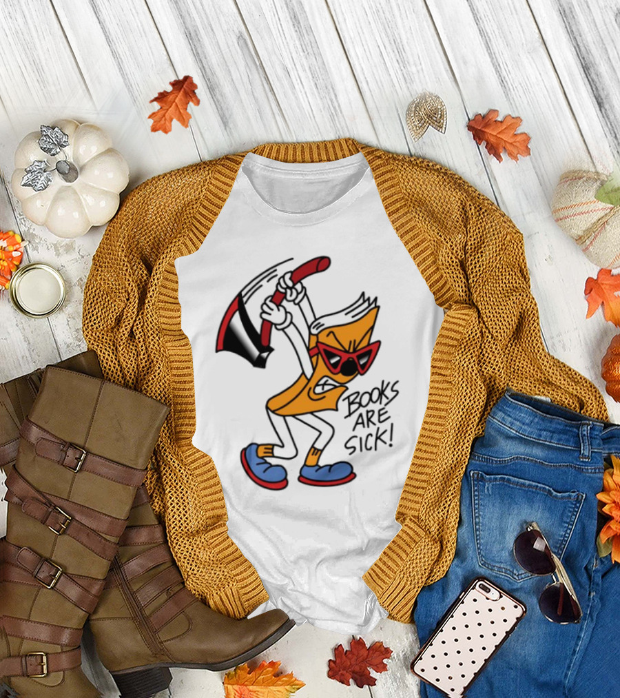 Nick Parry Axed Books Are Sick Animated Character with Pickaxe Sunglasses and Sneakers T-Shirt