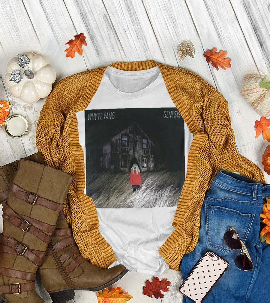 Whyte Fang Genesis Album Cover Creepy House and Figure in Red Jacket T-Shirt