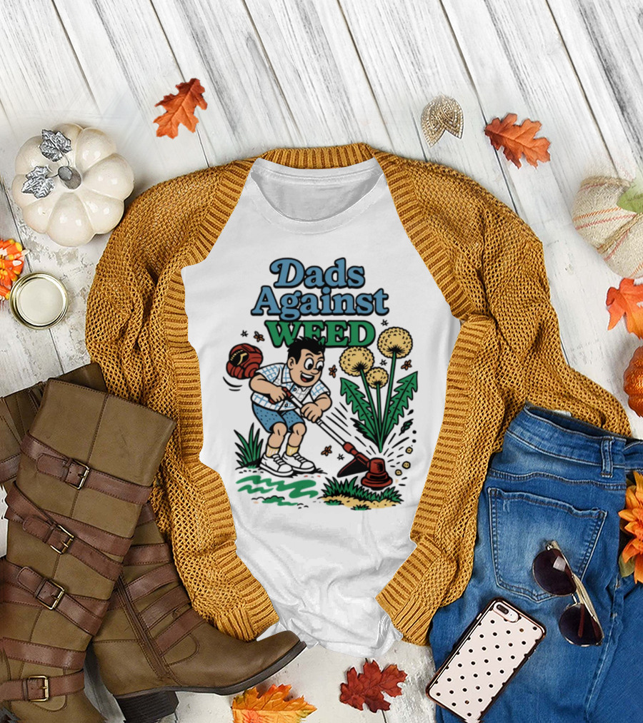 Dads Against Weed Cartoon Boy and Dandelions Gardening Style T-Shirt