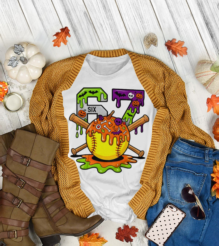 Halloween Softball 67 Six Seven Dripping Bats Pumpkins Bones Skull T-Shirt
