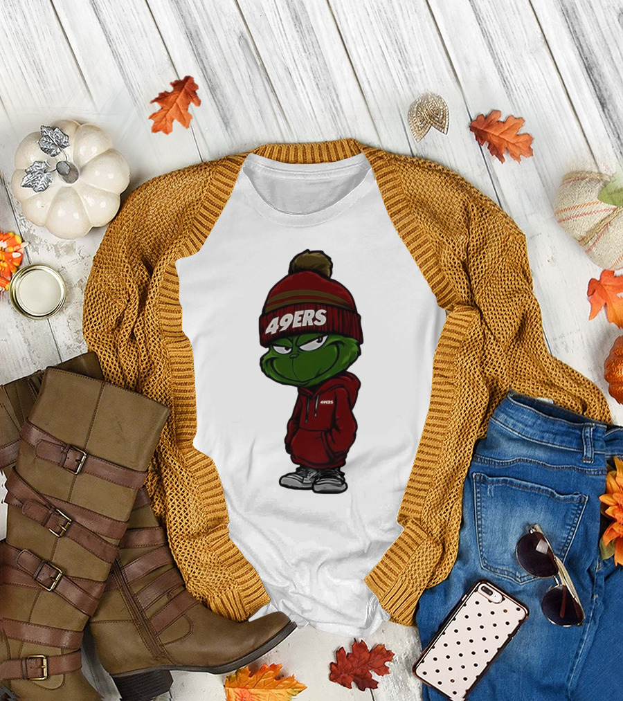 Grinch Wearing 49ers Beanie and San Francisco Football Crossover T-Shirt